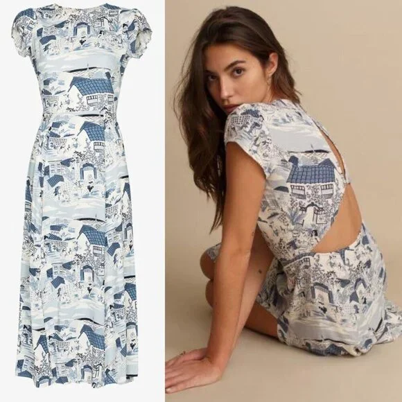 Reformation Gavin Blue White Portugal Printed Open Back Cap Sleeve Midi Dress - Picture 13 of 16
